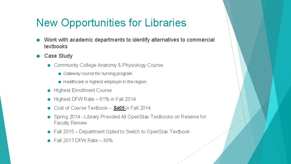 New Opportunities for Libraries Work with academic departments to identify alternatives to commercial textbooks