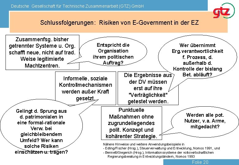 Deutsche Gesellschaft für Technische Zusammenarbeit (GTZ) Gmb. H Schlussfolgerungen: Risiken von E-Government in der