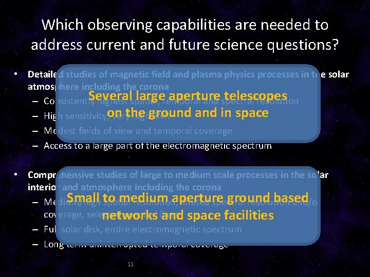 Which observing capabilities are needed to address current and future science questions? • Detailed