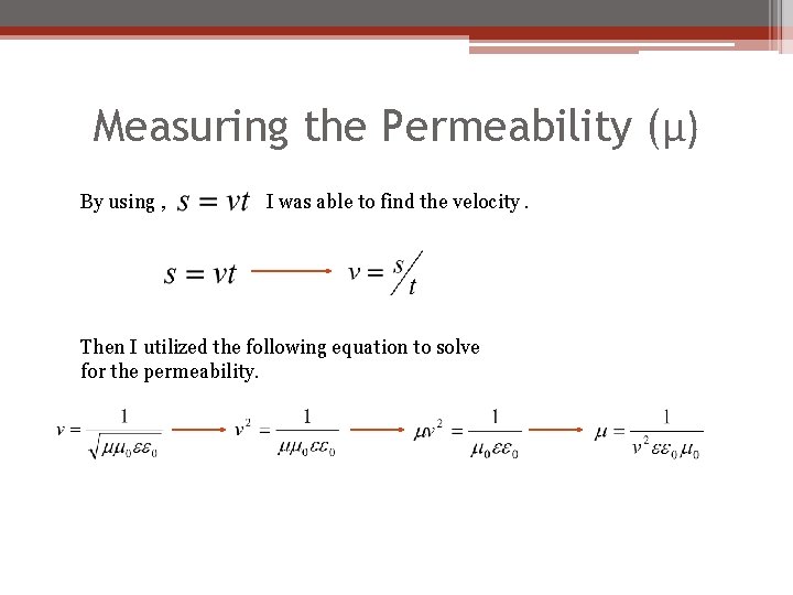 Measuring the Permeability (μ) By using , I was able to find the velocity. Measuring the Permeability (μ) By using , I was able to find the velocity.