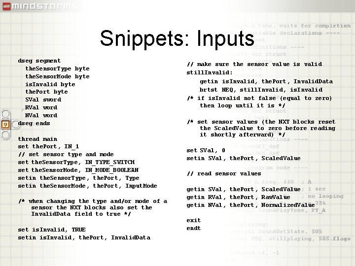 Snippets: Inputs dseg segment the. Sensor. Type byte the. Sensor. Mode byte is. Invalid