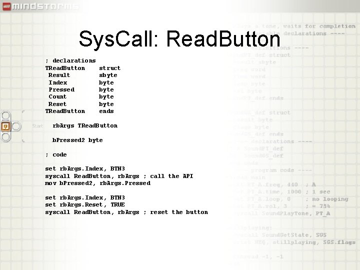 Sys. Call: Read. Button ; declarations TRead. Button Result Index Pressed Count Reset TRead.