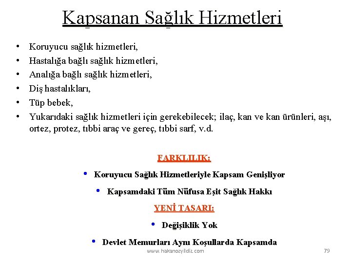 Kapsanan Sağlık Hizmetleri • • • Koruyucu sağlık hizmetleri, Hastalığa bağlı sağlık hizmetleri, Analığa