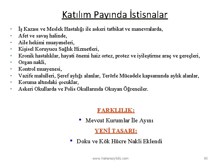 Katılım Payında İstisnalar • • • İş Kazası ve Meslek Hastalığı ile askeri tatbikat