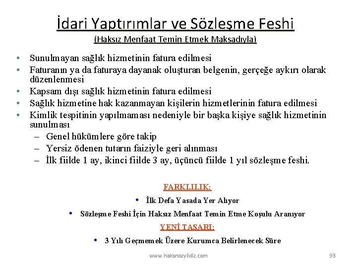 İdari Yaptırımlar ve Sözleşme Feshi (Haksız Menfaat Temin Etmek Maksadıyla) • Sunulmayan sağlık hizmetinin