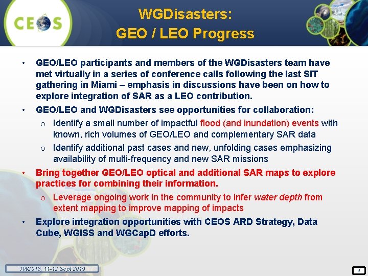 WGDisasters: GEO / LEO Progress • • GEO/LEO participants and members of the WGDisasters