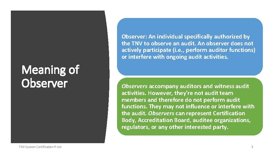 Observer: An individual specifically authorized by the TNV to observe an audit. An observer Observer: An individual specifically authorized by the TNV to observe an audit. An observer