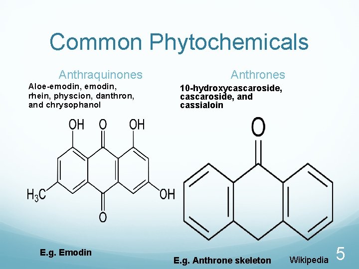 Common Phytochemicals Anthraquinones Aloe-emodin, rhein, physcion, danthron, and chrysophanol E. g. Emodin Anthrones 10