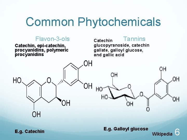 Common Phytochemicals Flavon-3 -ols Catechin, epi-catechin, procyanidins, polymeric procyanidins E. g. Catechin Tannins Catechin