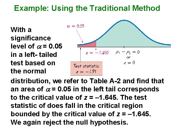 Example: Using the Traditional Method With a significance level of = 0. 05 in