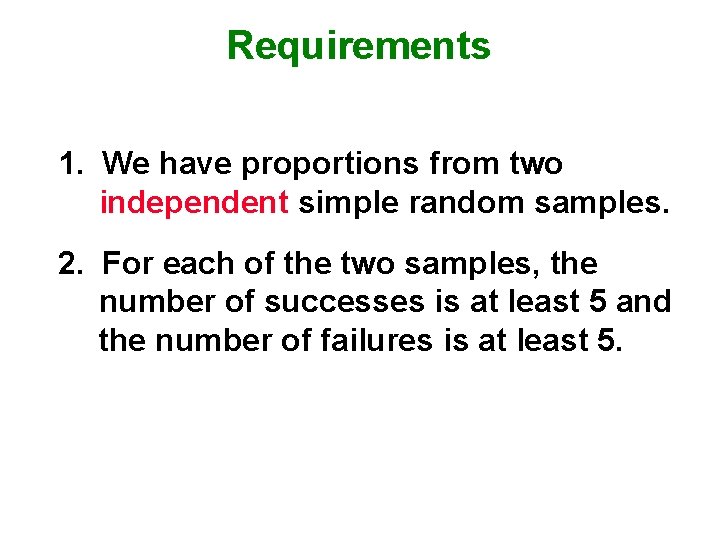 Requirements 1. We have proportions from two independent simple random samples. 2. For each
