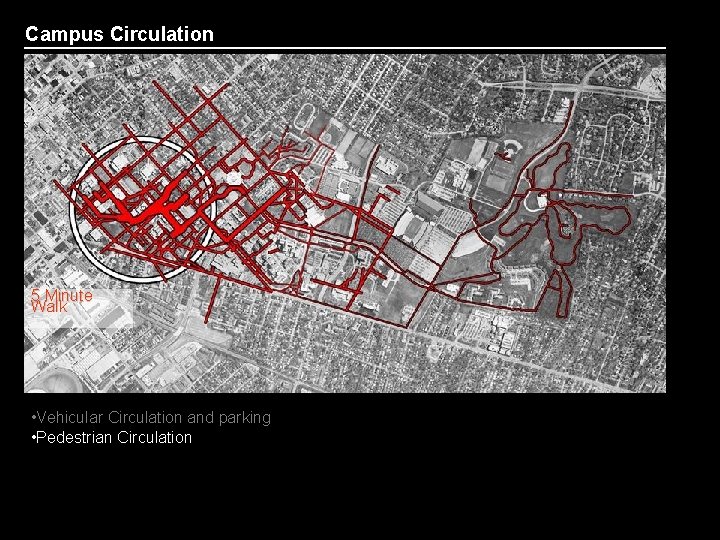 Campus Circulation 5 Minute Walk • Vehicular Circulation and parking • Pedestrian Circulation •