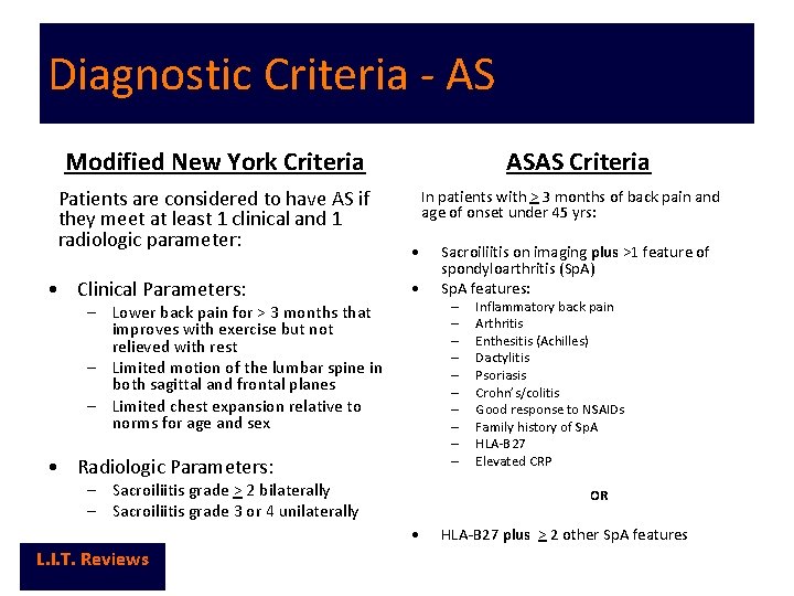 Diagnostic Criteria - AS Modified New York Criteria Patients are considered to have AS