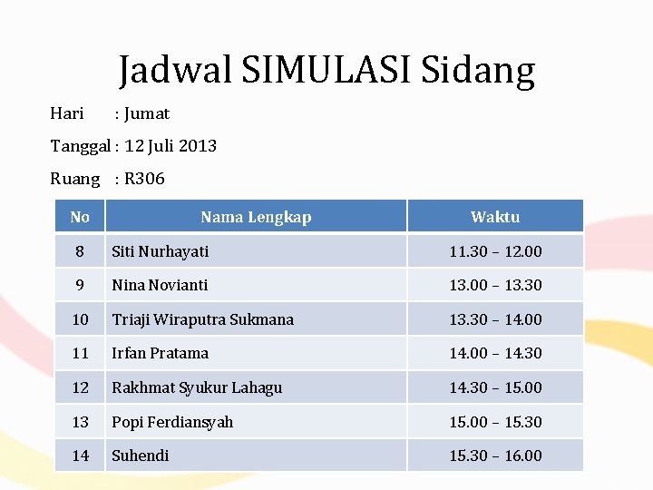 Jadwal SIMULASI Sidang Hari : Jumat Tanggal : 12 Juli 2013 Ruang : R