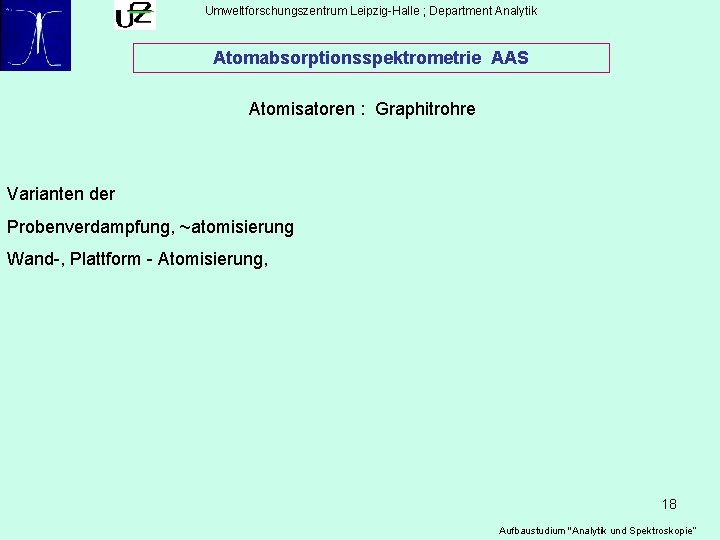 Umweltforschungszentrum Leipzig-Halle ; Department Analytik Atomabsorptionsspektrometrie AAS Atomisatoren : Graphitrohre Varianten der Probenverdampfung, ~atomisierung