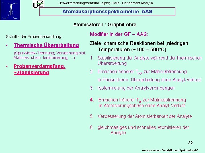 Umweltforschungszentrum Leipzig-Halle ; Department Analytik Atomabsorptionsspektrometrie AAS Atomisatoren : Graphitrohre Schritte der Probenbehandlung: •