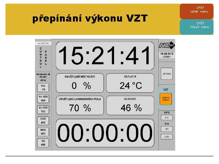 přepínání výkonu VZT ZPÉT výběr menu ZPĚT hlavní menu 