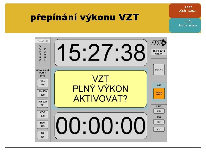 přepínání výkonu VZT ZPÉT výběr menu ZPĚT hlavní menu 