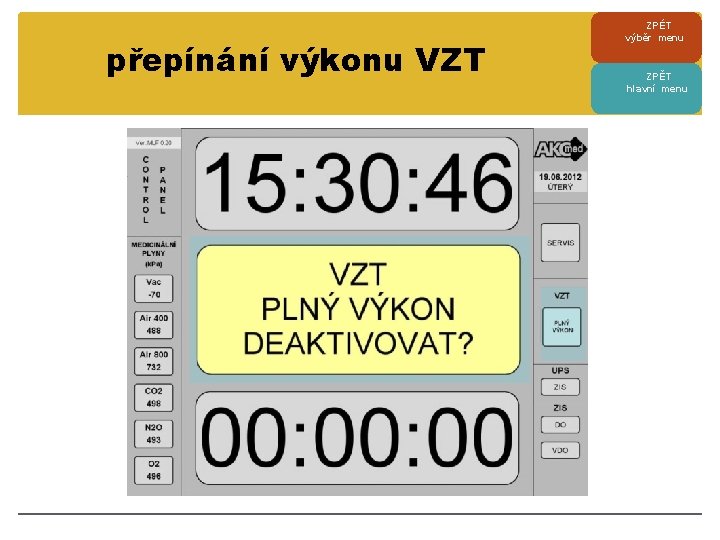 přepínání výkonu VZT ZPÉT výběr menu ZPĚT hlavní menu 