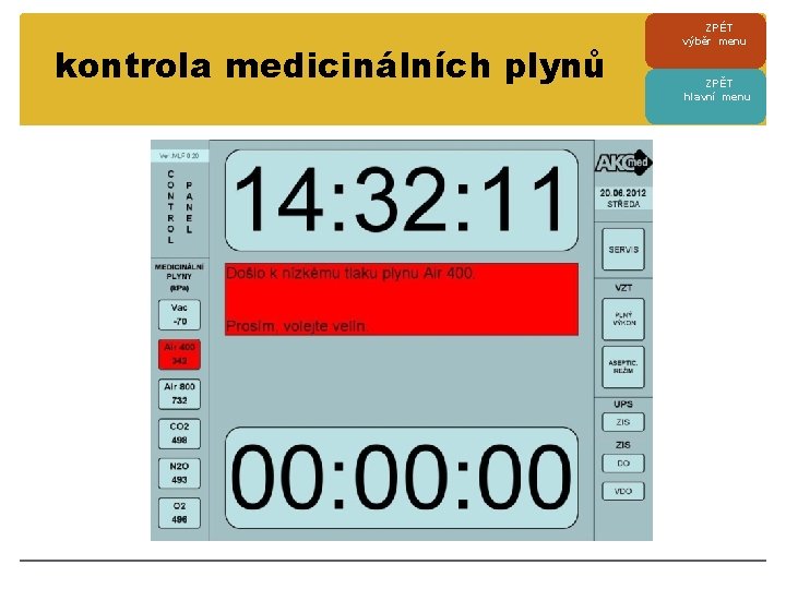 kontrola medicinálních plynů ZPÉT výběr menu ZPĚT hlavní menu 