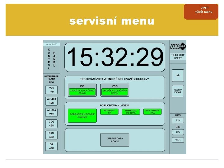 servisní menu ZPÉT výběr menu 