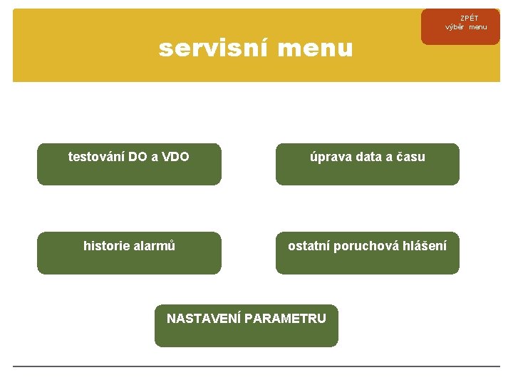 servisní menu ZPÉT výběr menu testování DO a VDO úprava data a času historie