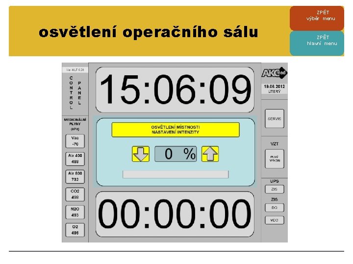 osvětlení operačního sálu ZPÉT výběr menu ZPĚT hlavní menu 