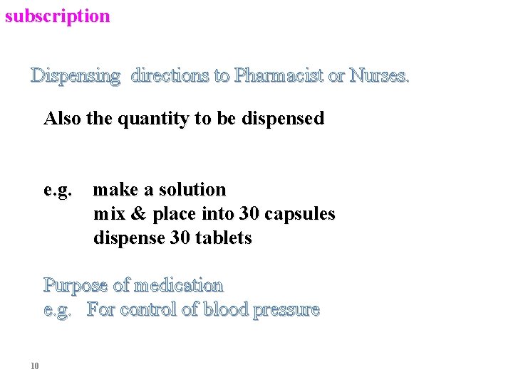 subscription Dispensing directions to Pharmacist or Nurses. Also the quantity to be dispensed e.