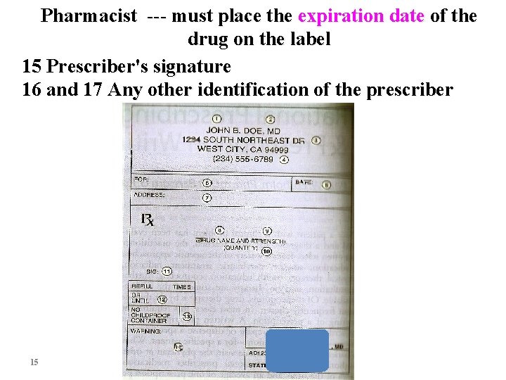 Pharmacist --- must place the expiration date of the drug on the label 15