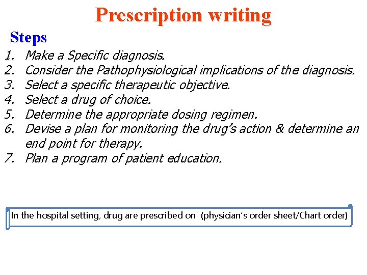Prescription writing Steps 1. 2. 3. 4. 5. 6. Make a Specific diagnosis. Consider