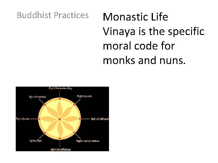 Buddhist Practices Monastic Life Vinaya is the specific moral code for monks and nuns.