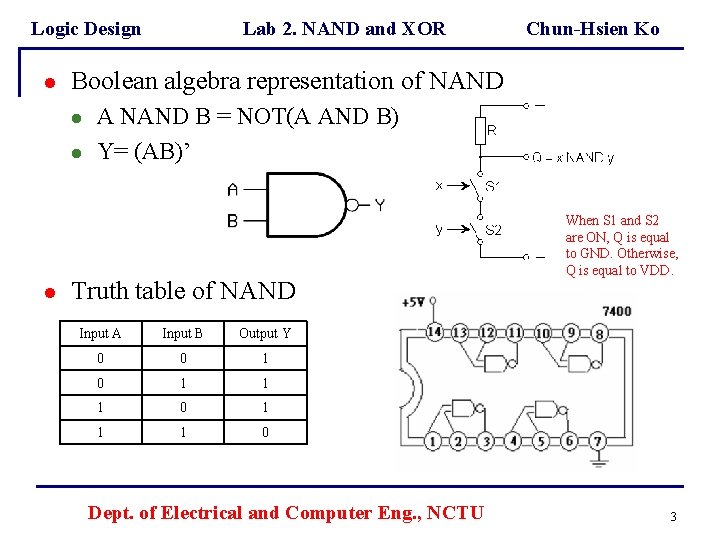 Logic Design l Chun-Hsien Ko Boolean algebra representation of NAND l l l Lab