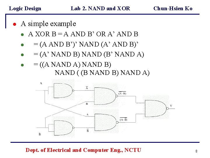 Logic Design l Lab 2. NAND and XOR Chun-Hsien Ko A simple example l
