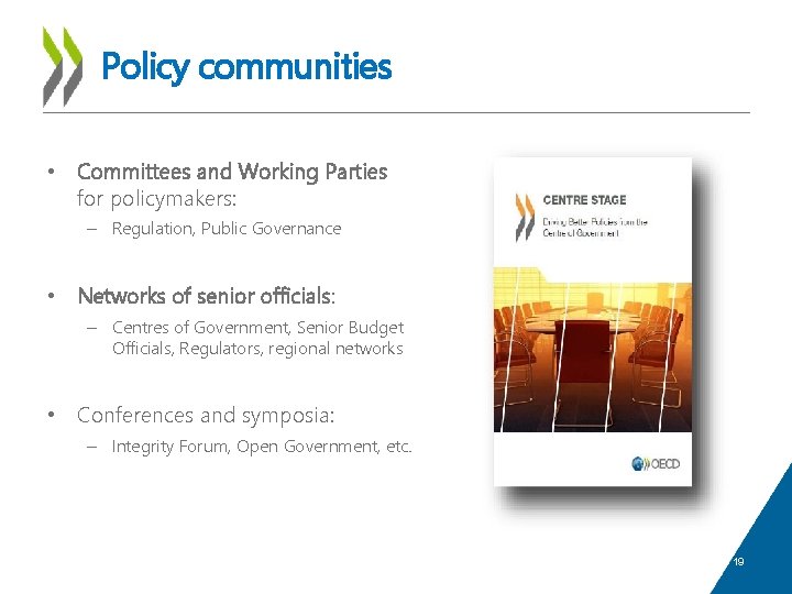 Policy communities • Committees and Working Parties for policymakers: – Regulation, Public Governance •