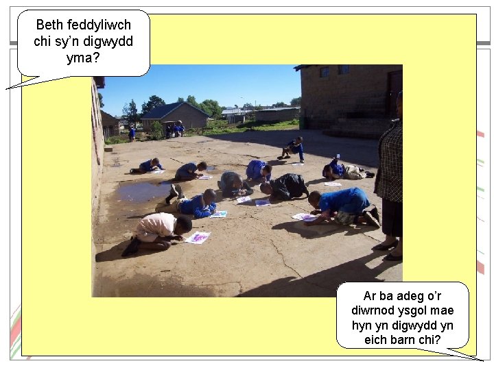 Beth feddyliwch chi sy’n digwydd yma? Ar ba adeg o’r diwrnod ysgol mae hyn