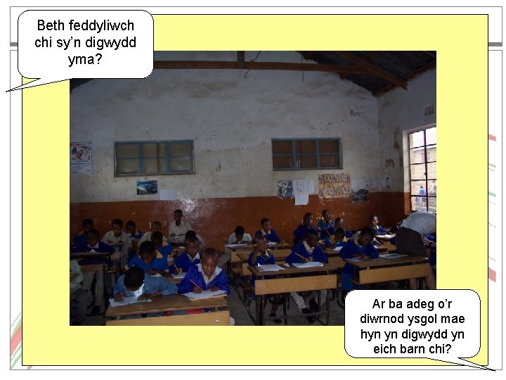 Beth feddyliwch chi sy’n digwydd yma? Ar ba adeg o’r diwrnod ysgol mae hyn