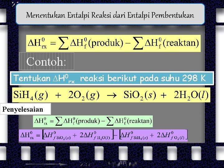 Menentukan Entalpi Reaksi dari Entalpi Pembentukan Contoh: Tentukan H 0 rx reaksi berikut pada