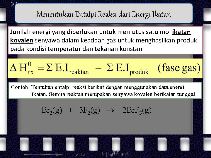 Menentukan Entalpi Reaksi dari Energi Ikatan Jumlah energi yang diperlukan untuk memutus satu mol