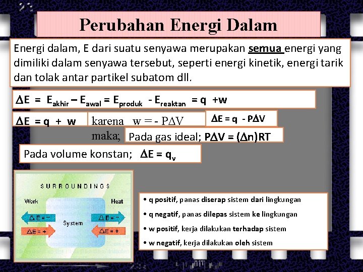 Perubahan Energi Dalam Energi dalam, E dari suatu senyawa merupakan semua energi yang dimiliki