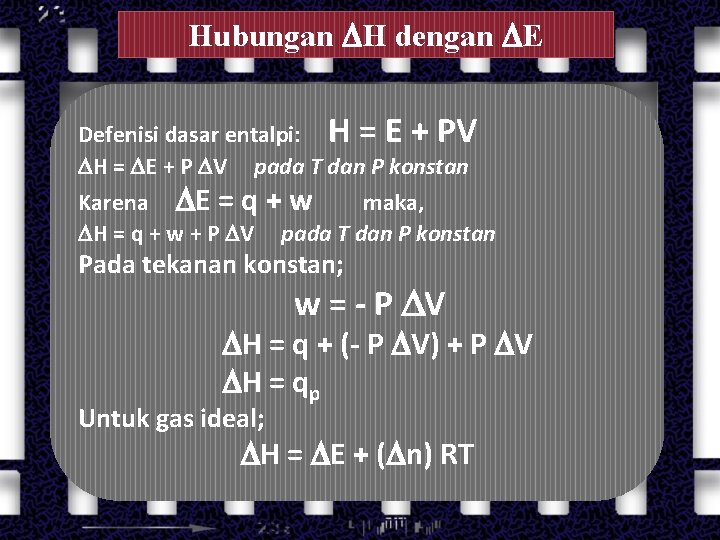Hubungan H dengan E Defenisi dasar entalpi: H = E + PV H =