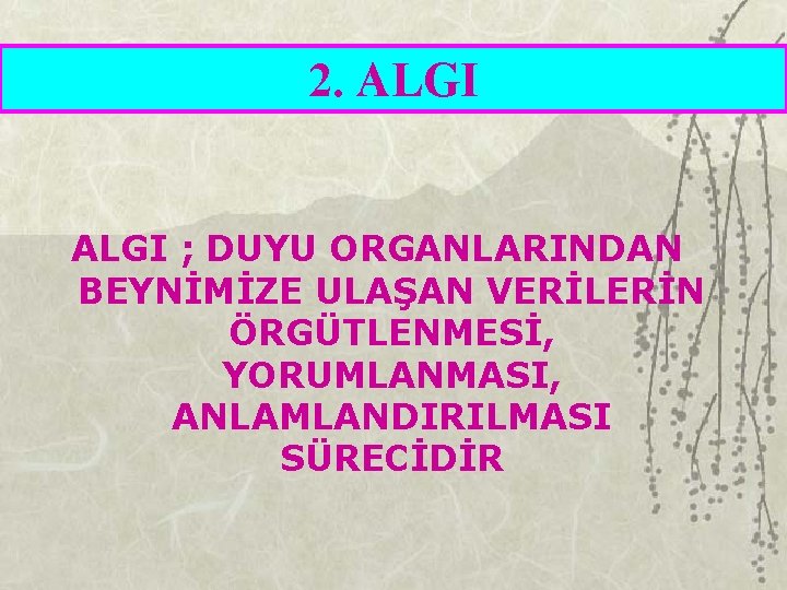 2. ALGI ; DUYU ORGANLARINDAN BEYNİMİZE ULAŞAN VERİLERİN ÖRGÜTLENMESİ, YORUMLANMASI, ANLAMLANDIRILMASI SÜRECİDİR 