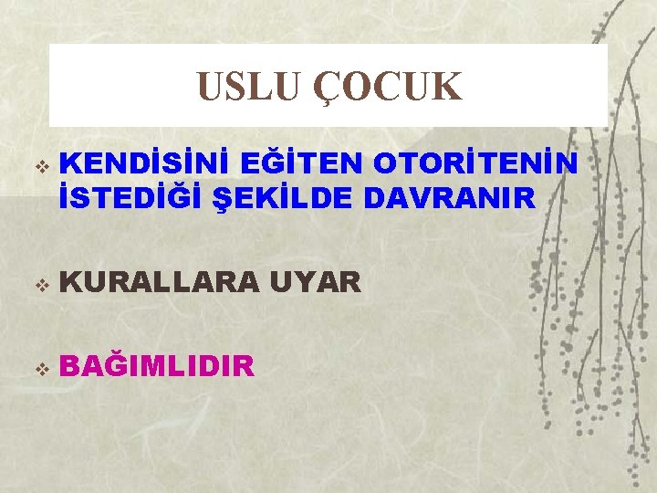 USLU ÇOCUK v KENDİSİNİ EĞİTEN OTORİTENİN İSTEDİĞİ ŞEKİLDE DAVRANIR v KURALLARA UYAR v BAĞIMLIDIR