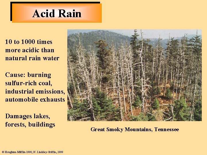 Acid Rain 10 to 1000 times more acidic than natural rain water Cause: burning