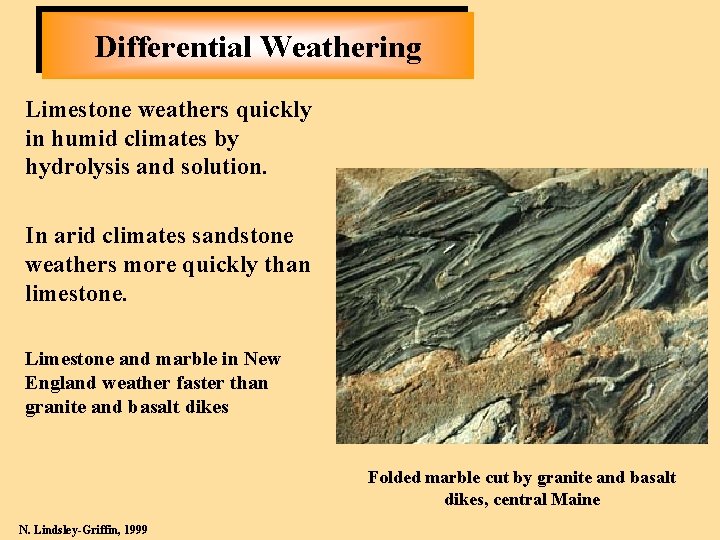 Differential Weathering Limestone weathers quickly in humid climates by hydrolysis and solution. In arid