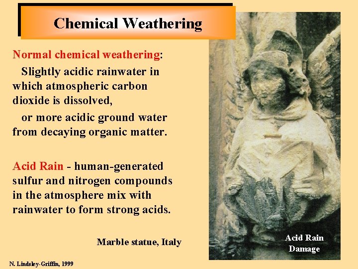 Chemical Weathering Normal chemical weathering: Slightly acidic rainwater in which atmospheric carbon dioxide is