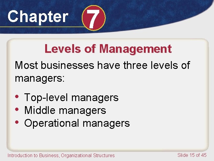 Chapter 7 Levels of Management Most businesses have three levels of managers: • Top-level