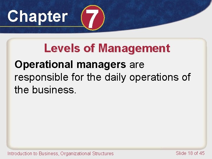 Chapter 7 Levels of Management Operational managers are responsible for the daily operations of