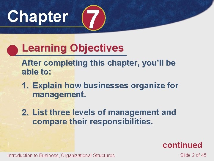 Chapter 7 Learning Objectives After completing this chapter, you’ll be able to: 1. Explain