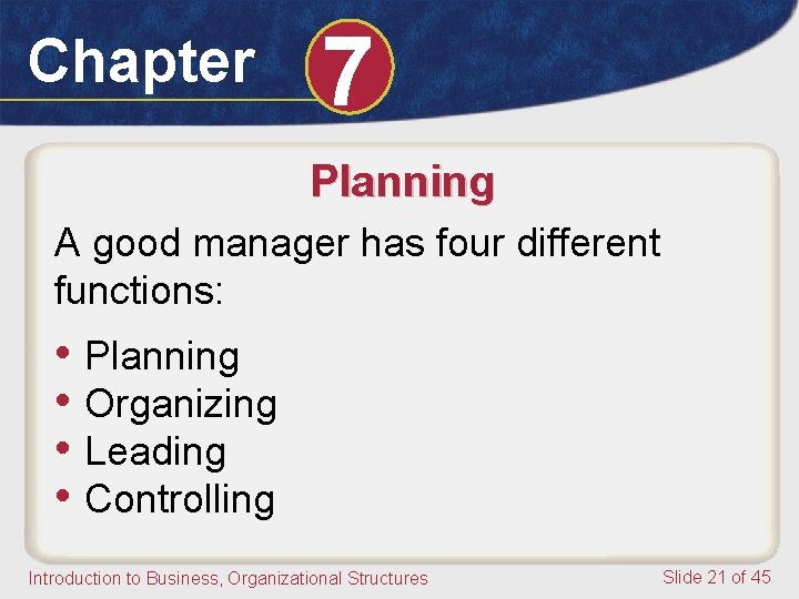 Chapter 7 Planning A good manager has four different functions: • Planning • Organizing