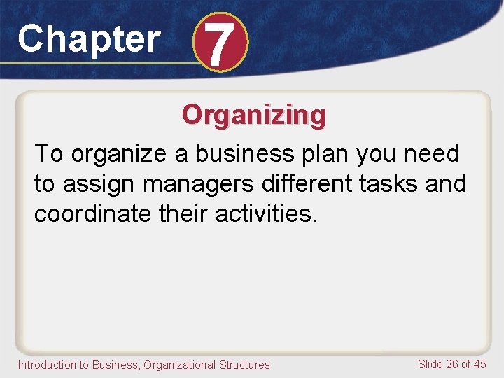 Chapter 7 Organizing To organize a business plan you need to assign managers different